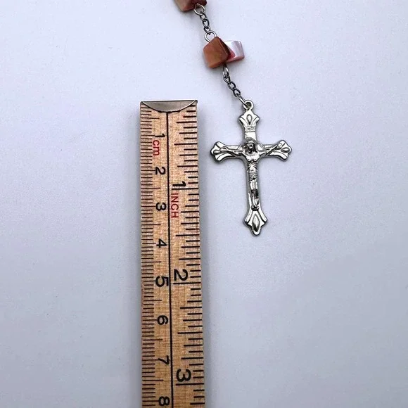 Vintage Rosary Mother of Pearl Style Beads Silver Tone Cross Made in Jerusalem - Picture 4 of 6